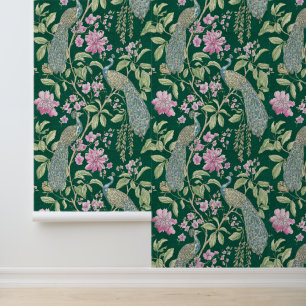 Green Chinoiserie peacock floral peel and stick Wallpaper