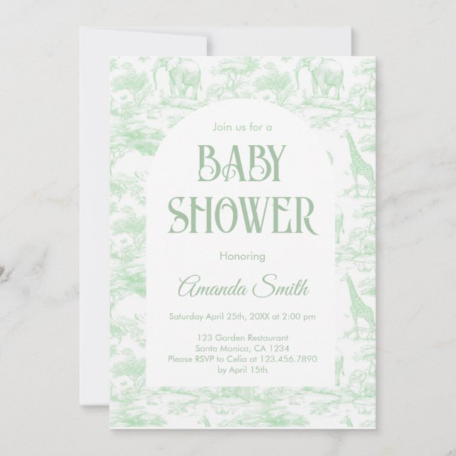 Green Chinoiserie Toile de Jouy baby shower Invitation (Front)