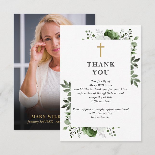Green Christian Celebration Of Life Funeral Photo Thank You Card (Front/Back)