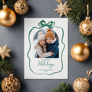 Green Christmas 4 Photo Hand-Drawn Bow Ribbon  Holiday Card