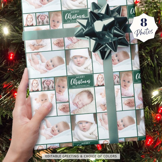 Green Christmas 8 Photo Collage Personalised Wrapping Paper (Creator Uploaded)