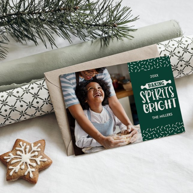 Green | Christmas Baking Spirits Bright Photo Holiday Card (GREEN PALETTE CONFETTI BAKING SPIRIT BRIGHT COOKIES CHRISTMAS PHOTO CARD AFFORDAMLE DIGITAL)