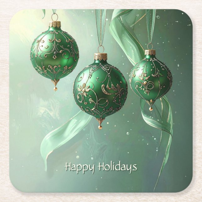 Green Christmas Ball Holiday Square Paper Coaster (Front)