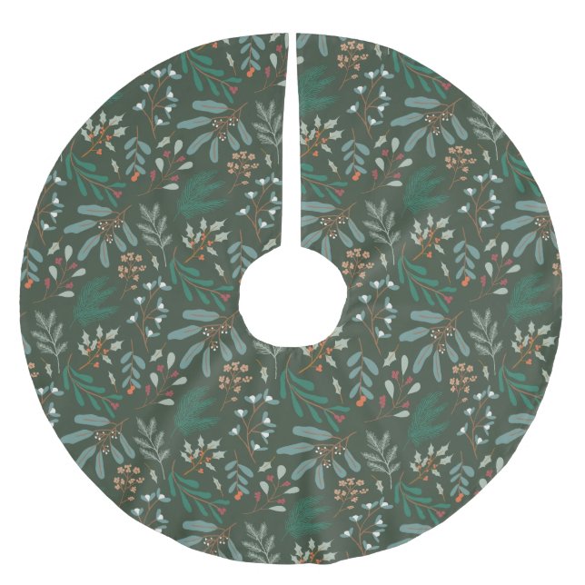 Green Christmas Botanical  Brushed Polyester Tree Skirt (Front)