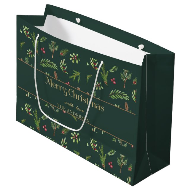 Green Christmas botanical elegant modern family Large Gift Bag (Front Angled)