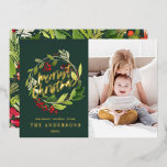 Green Christmas botanical elegant modern photo Foil Holiday Card<br><div class="desc">Merriest christmas watercolor floral photo red and green botanical elegant modern minimal typography Holiday foil card. Part of a collection.</div>