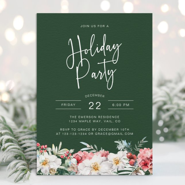 Green Christmas Botanical Holiday Party Invitation (Elegant Green Holiday Party Invitation Watercolor Botanical Floral Berries)