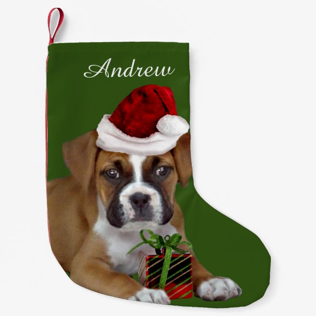 Green Christmas Boxer puppy Stocking (Front)
