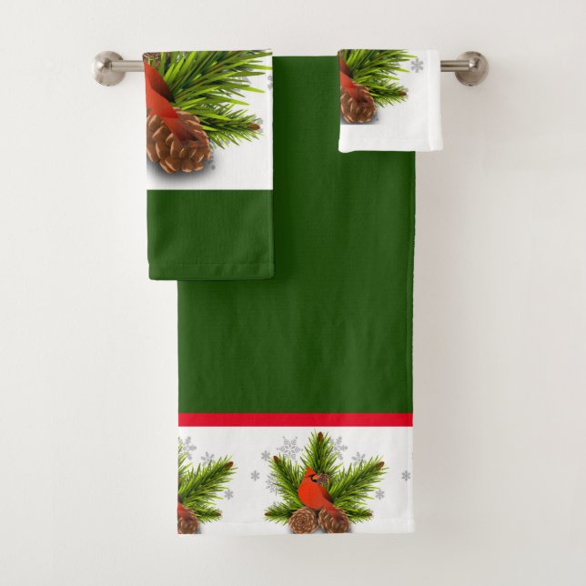 Green Christmas Cardinal Bird Bath Towel Set (Insitu)