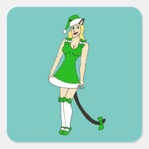 Green Christmas catgirl Square Sticker
