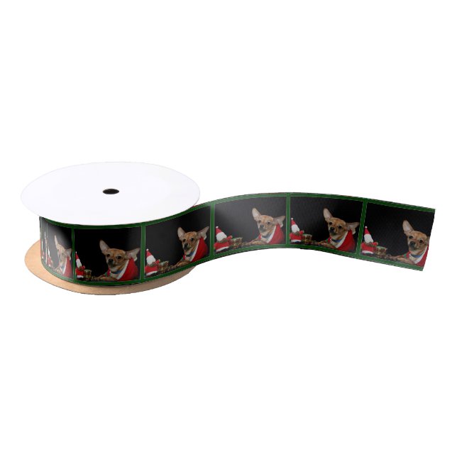 Green Christmas Chihuahua dog Satin Ribbon (Spool)