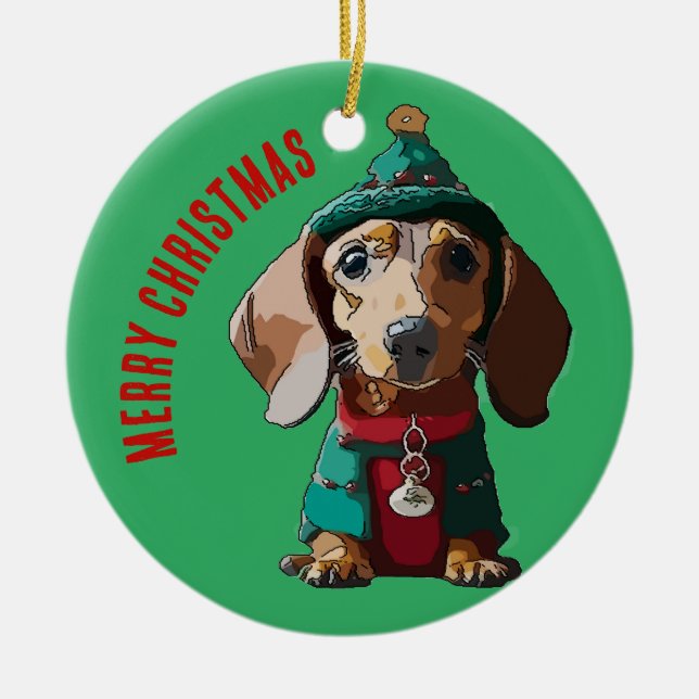 Green Christmas Dachshund Ceramic Tree Decoration (Front)