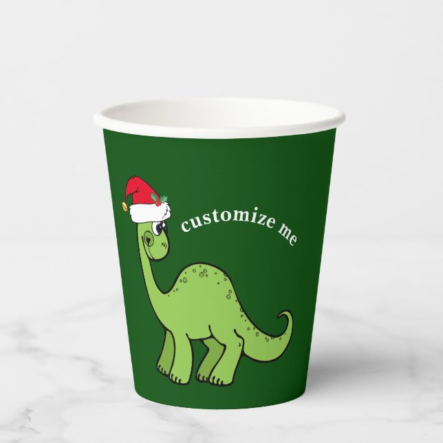 Green Christmas Dinosaur Custom Kids Party Paper Cups (Front)