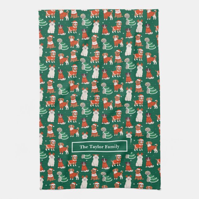 Green Christmas Dogs Personalised Tea Towel (Vertical)