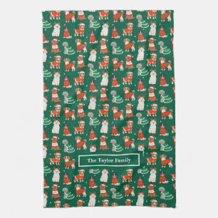 Green Christmas Dogs Personalized Tea Towel