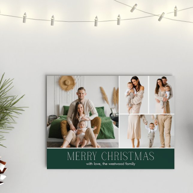 GREEN Christmas Elegant 4 Collage Photo message Holiday Card (Creator Uploaded)
