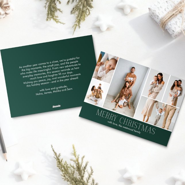 GREEN Christmas Elegant 6 Collage Photo message Holiday Card (Creator Uploaded)