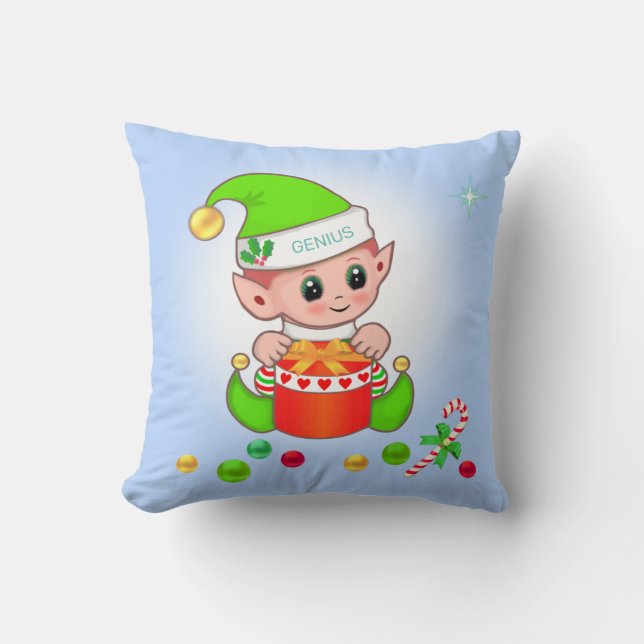 Green Christmas elf & Christmas gift on light blue Cushion (Front)