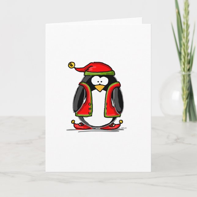 Green Christmas Elf Penguin Holiday Card (Front)