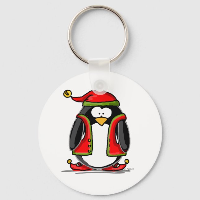 Green Christmas Elf Penguin Key Ring (Front)