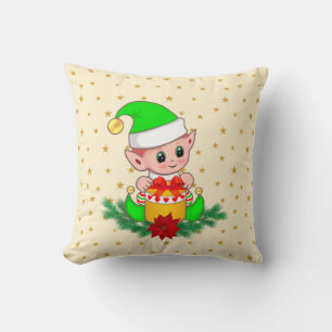 Green Christmas elf, pine, & stars on ivory Cushion