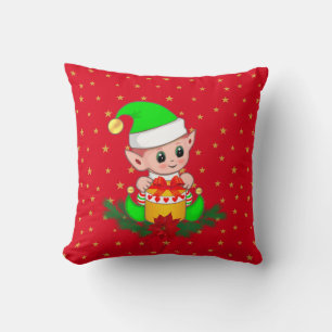 Green Christmas elf, pine, & stars on red Cushion