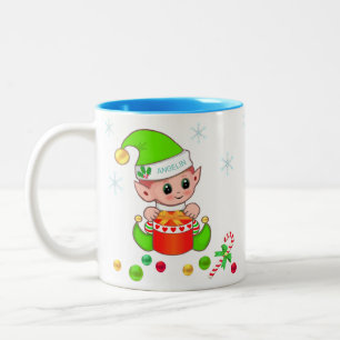 Green Christmas elf, snowflakes & Christmas balls Two-Tone Coffee Mug