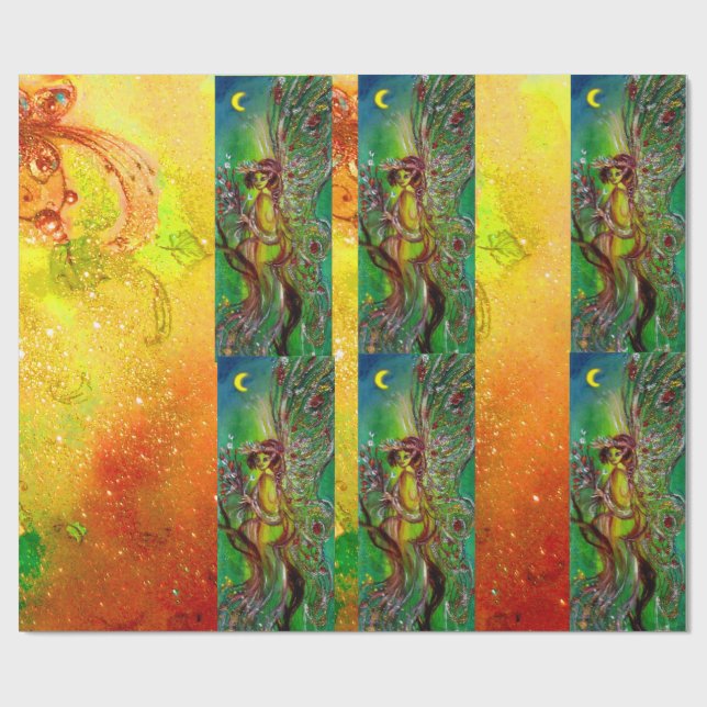 GREEN CHRISTMAS FAIRY,GOLD SPARKLES,FLORAL SWIRLS WRAPPING PAPER (Flat)