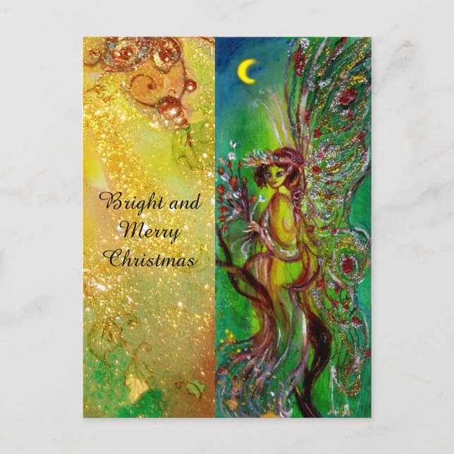 GREEN CHRISTMAS FAIRY WITH GOLD FLORAL SPARKLES HOLIDAY POSTCARD (Front)