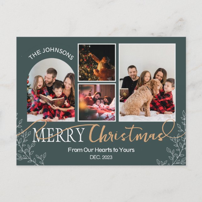 Green Christmas Family Photo collage post card (Front)