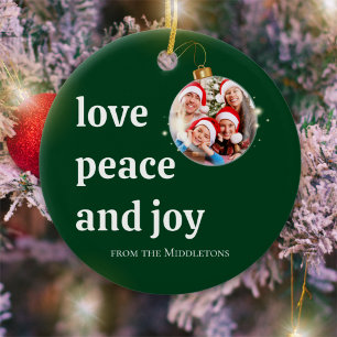 Green Christmas Family Photo Love Peace Joy Ceramic Tree Decoration