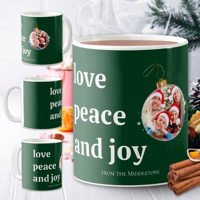 Green Christmas Family Photo Love Peace Joy Coffee Mug (Creator Uploaded)