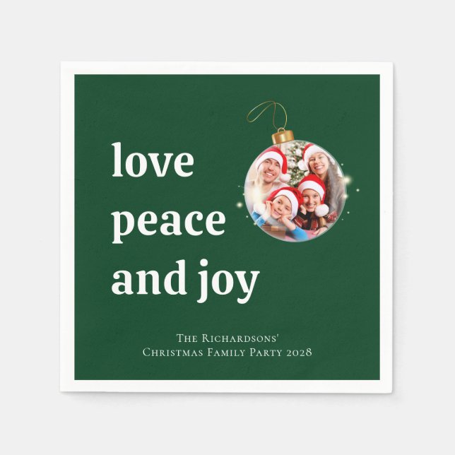 Green Christmas Family Photo Love Peace Joy  Napkin (Front)
