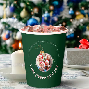 Green Christmas Family Photo Love Peace Joy Paper Cups