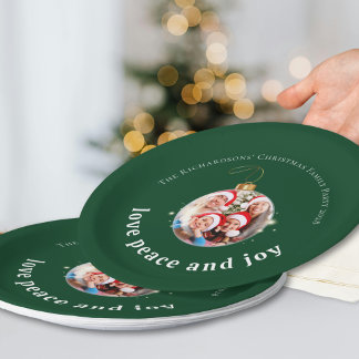 Green Christmas Family Photo Love Peace Joy  Paper Plate
