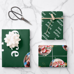 Green Christmas Family Photo Love Peace Joy Wrapping Paper Sheet