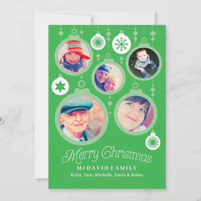 Green Christmas Family Photo Ornaments Holiday Card (Front)
