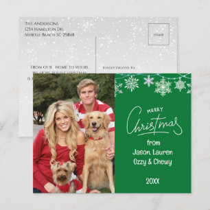 Green Christmas Family Photo Pets Message Holiday Postcard