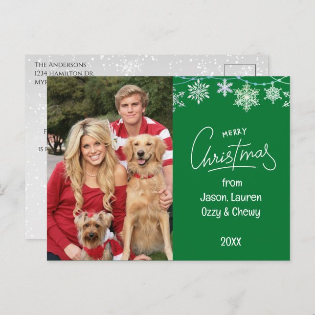 Green Christmas Family Photo Pets Message Holiday Postcard (Front/Back)