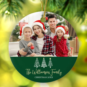 Green Christmas Family Photo Playful Trees Script Ceramic Tree Decoration