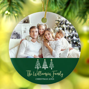 Green Christmas Family Photo Stylish Trees Script Ceramic Tree Decoration