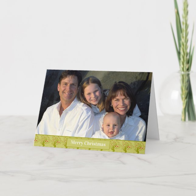 Green Christmas Floral Bird Print Holiday Card (Front)