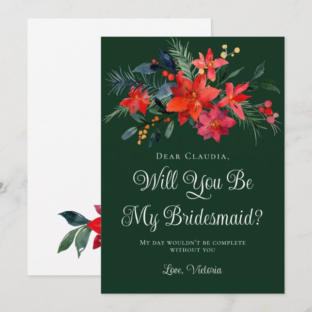 Green Christmas Floral Will You Be My Bridesmaid Invitation (Front/Back)