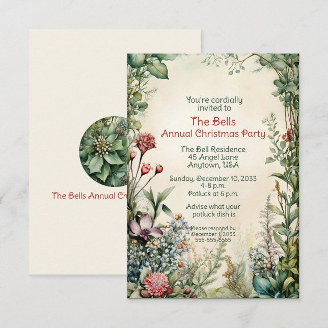 Green Christmas Flowers Annual Christmas Party  Invitation (Front/Back)