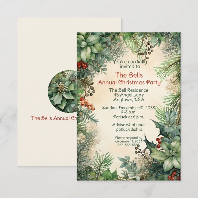 Green Christmas Flowers Annual Christmas Party  Invitation (Front/Back)