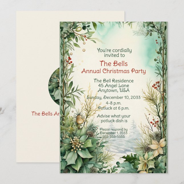 Green Christmas Flowers Annual Christmas Party  Invitation (Front/Back)