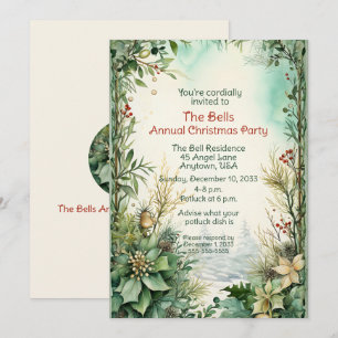 Green Christmas Flowers Annual Christmas Party Invitation