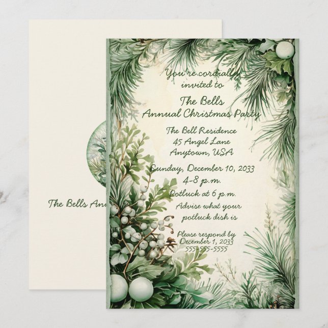 Green Christmas Flowers Annual Christmas Party  Invitation (Front/Back)