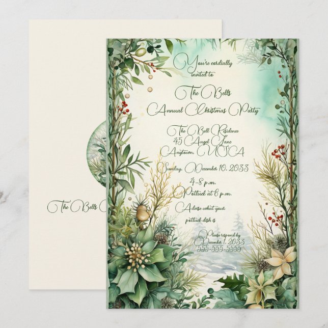 Green Christmas Flowers Annual Christmas Party  Invitation (Front/Back)