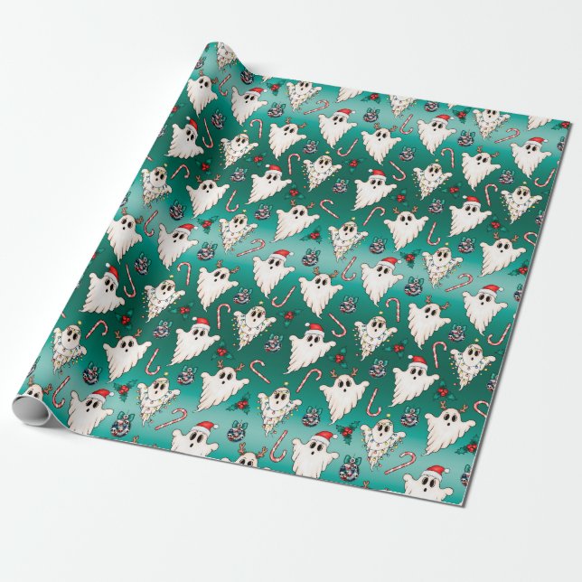 Green Christmas Ghost Gothic Wrapping Paper (Unrolled)